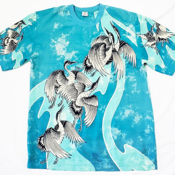 Nusantara Indah Collection Mens Cranes Birds Tie Dye T-shirt Top Shirt B… - Picture 1 of 8